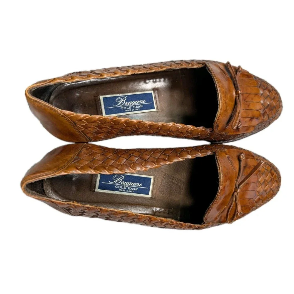 BRAGANO By COLE HAAN VINTAGE ITALIAN LOAFERS SIZE 11 WOVEN COGNAC LEATHER SHOES